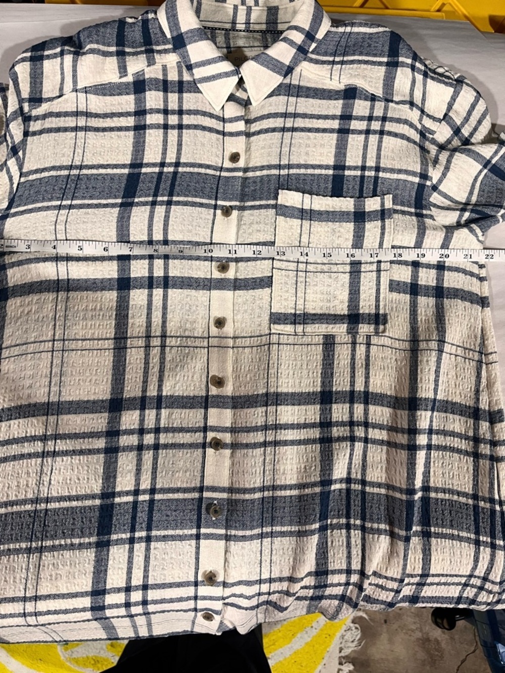 Pilcro Cream and Navy Long-Line Button Front Plaid High-Low Shirt Dress - Picture 14 of 15